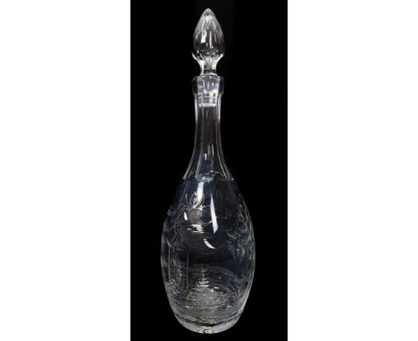 Webb or Stevens and Williams  - A decanter and a stopper intaglio cut with a willow pattern type design of pagoda and a saili