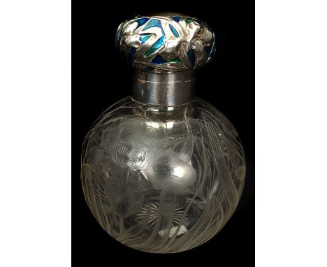 Stourbridge England - a colourless glass globular scent bottle, intaglio cut with iris flowers beneath a Liberty style silver