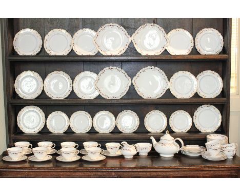 A Royal Doulton Strasbourg pattern porcelain tea service comprising teapot, milk jug, sugar bowl, four cake plates, thirteen 