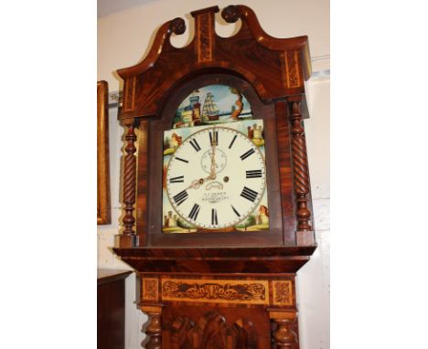 A George III inlaid flame mahogany longcase clock, the 14 inch domed dial painted with scenes of a castle by the sea with art