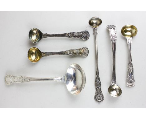 A pair of William IV Kings pattern silver mustard spoons, maker A B Savory, London 1832, together with a Scottish long handle