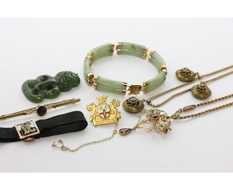 A gold mounted Chinese jade bracelet; jade pendant; bar brooch; 18ct gold and enamel brooch, 9.5g; split pearl pendant on rop