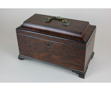 A George III mahogany tea caddy, rectangular shape with cushion top and brass carry handle, on bracket feet, 27cm