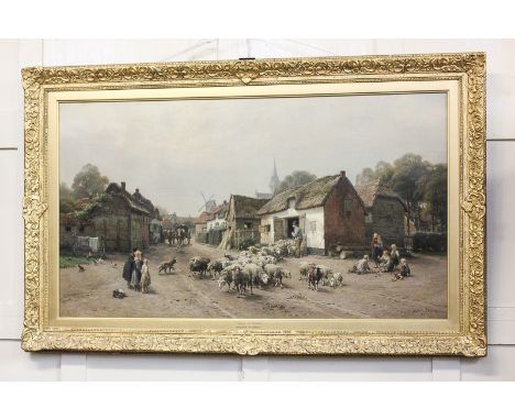 Andre Plumot (Belgian 1829-1902), village view with sheep and children playing in a lane, mount inscribed 'Village de Castel'