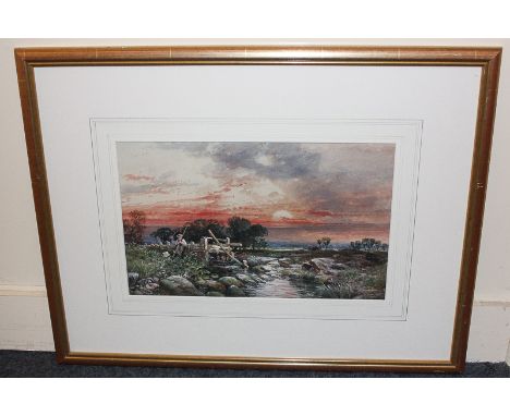 R. Beavis (19th century) landscape with sunset and solitary fisherman beside a rive, watercolour, signed and dated 1862 33cm 