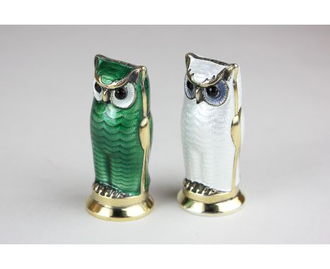 A pair of David Andersen silver and enamel owl peppers in green and white, D A Norway, sterling silver to base, 5.5cm high