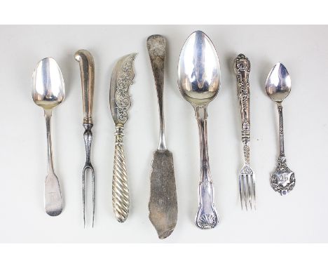 An Edward VII silver teaspoon with crossed rifle and target terminal, engraved initials, maker W H Haseler, and six various s