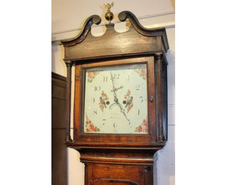 A George III oak longcase clock, the 13 inch square painted dial with bird and floral design and fruit spandrels, signed Robe