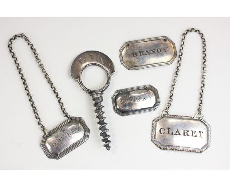 A pair of silver plated decanter labels for whiskey and sherry, two others for brandy and claret and a corkscrew bottle opene