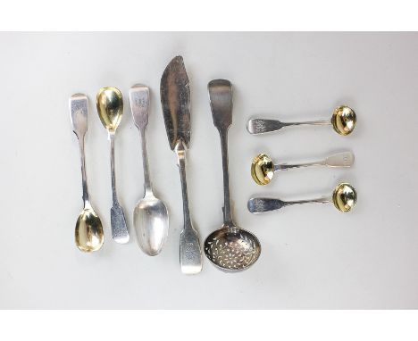 A collection of various Victorian silver Fiddle pattern flatware of sifter ladle, butter knife, two mustard spoons, together 