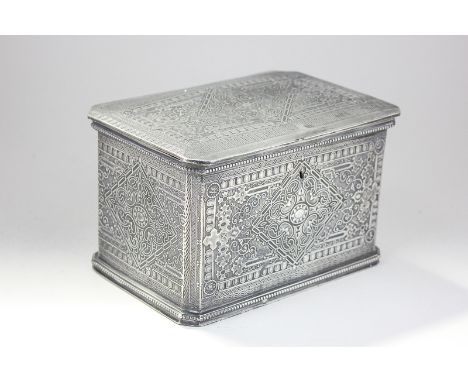 A silver plated Benetfink & Co, Cheapside, tea caddy with all-over scroll and line decoration and canted corners, the lid enc