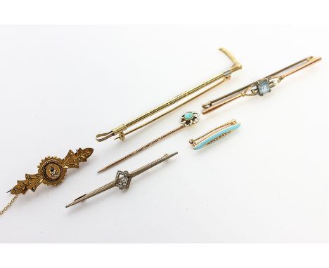 A gold riding crop bar brooch; an old cut diamond bar brooch; three other bar brooches; a turquoise stick pin