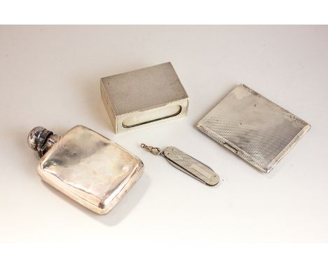 A George V silver cigarette case with machine decoration, a silver matchbox, a Victorian silver hip flask (a/f) and a silver 