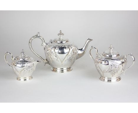 A silver plated Bachelor's three-piece tea set of globular form with embossed floral decoration, to include teapot, cream jug