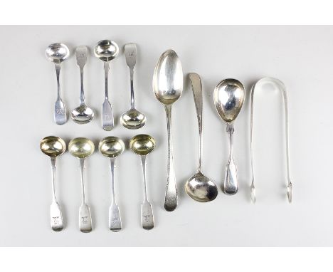 A set of four Victorian silver fiddle pattern salt spoons, London 1873, two other pairs of 19th century fiddle pattern salt s
