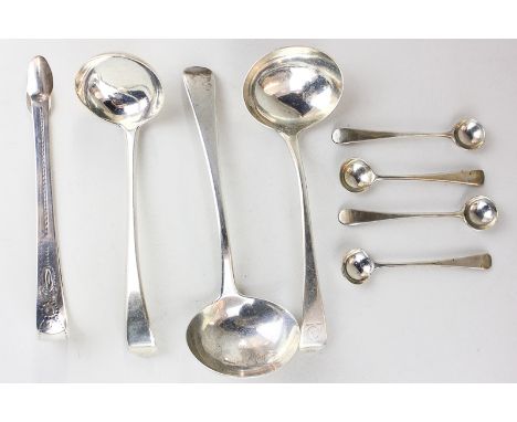 Two George III Old English pattern silver sauce ladles, another George IV silver sauce ladle, set of four George III Old Engl