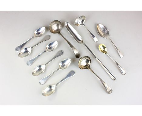 Various silver items to include a double ended marrow scoop, a pair of sauce ladles, a sifter ladle, jam spoon, mustard spoon