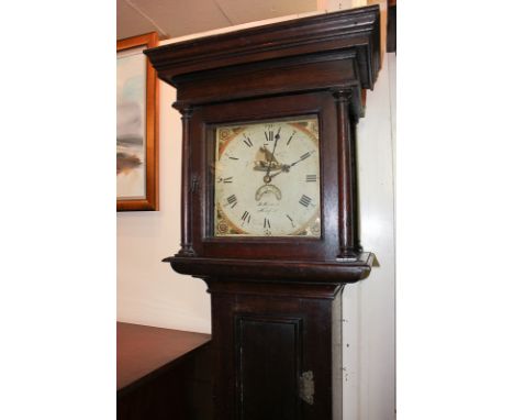 A 19th century oak longcase clock, the 11 inch dial with painted spandrels and sailing ship detail, with subsidiary dial, sig