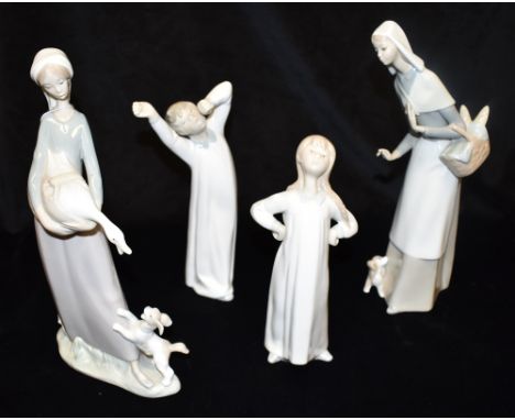 A PAIR OF LLADRO FIGURES OF LADIES  one with a basket of bread, the other holding a goose, both with puppies at their feet, 2