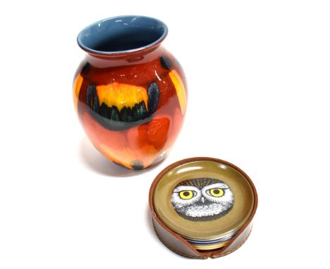 A POOLE POTTERY 'VOLCANO' VASE FROM THE LIVING GLAZES COLLECTION  16.5cm high; together with a set of six 'Praesidium' melami