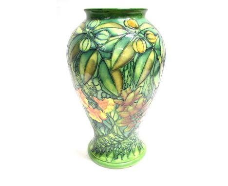 AN EXTREMELY LARGE LIMITED EDITION MOORCROFT POTTERY VASE DECORATED IN THE 'RAIN FORSET' PATTERN of baluster form, designed b