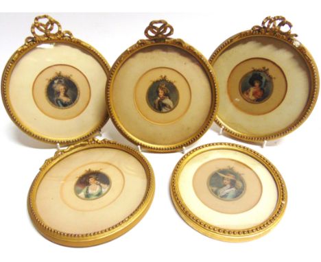 CONTINENTAL SCHOOL (19TH CENTURY)  Female portrait miniatures, a group of five,  hand-coloured engravings, each approximately