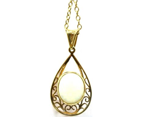 AN OPAL SINGLE STONE 9CT GOLD PENDANT AND CHAIN The oval cabochon cut white opal approx. 12mm x 10mm rub over bezel set to pe