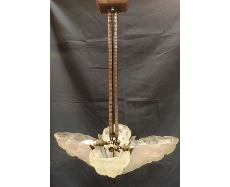 A LARGE ART DECO STYLE CEILING LIGHT FITTING  the chromed steel framed housing four lights and four moulded and frosted glass