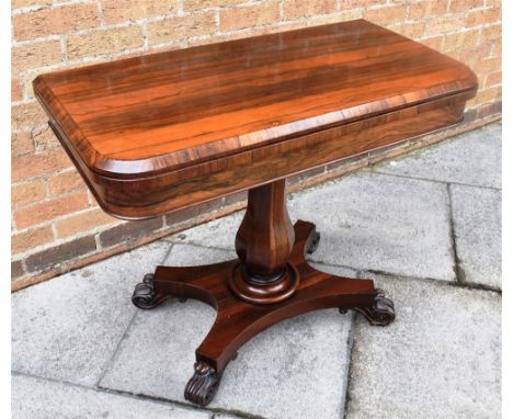 A VICTORIAN ROSEWOOD CARD TABLE  on inverted baluster column support and quatrefoil base, 92cm wide