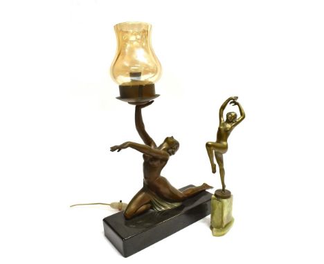 AN ART DECO STYLE TABLE LAMP  the light fitting supported by nude kneeling female figure, on rectangular plinth base, 36cm hi