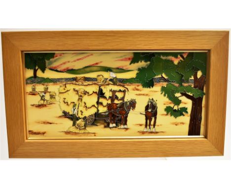 A LARGE LIMITED EDITION MOORCROFT POTTERY 'HARVEST GIANTS' PLAQUE  in light oak frame, signed by Anji Davenport, dated 2014 a
