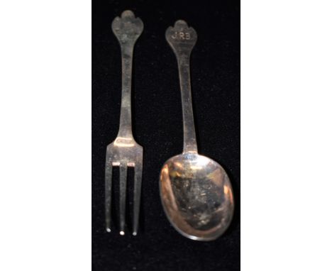 A EARLY 20TH CENTURY TREFID SPOON AND FORK SET  by Francis Higgins, of plain form engraved JRB to each, Hallmarks for London 