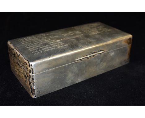 OF NAVAL INTEREST, A SILVER CIGARETTE BOX marked with HMS ship service from 1956-1977, of plain casket form, engraved to ROM,
