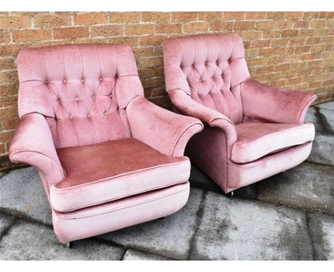 A PAIR OF G-PLAN STYLE BUTTON UPHOLSTERED ARMCHAIRS  suitable for re-upholstery