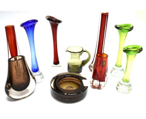 TEN PIECES OF WHITEFRIARS AND OTHER COLOURED GLASSIncluding a Whitfriars 9570 Tricorn vase in ruby red, 24,5cm high; four Jac
