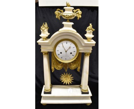 A LARGE FRENCH EMPIRE WHITE MARBLE AND GILT METAL PORTICO CLOCK the 5' convex enamel dial signed 'Lechopie *** a Paris', 8-da