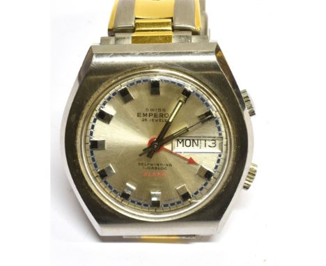 SWISS EMPEROR, A GENTLEMAN'S STAINLESS STEEL AND GILT 'SELF WINDING INCABLOC ALARM' BRACELET WATCH Ref. 2978 W, brushed-silve