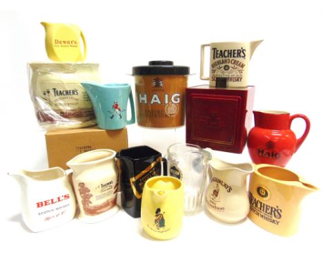 BREWERIANA - ASSORTED  Ten whisky-branded pottery water jugs, including a Carlton Ware Haig example; three plastic ice bucket