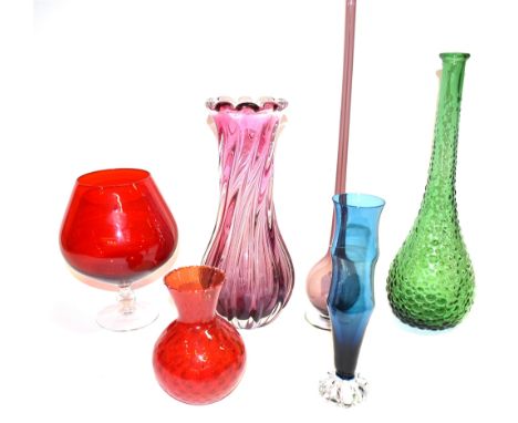 A GROUP OF ITALIAN ART GLASS  including Carlo Moretti, Murano etc. the largest item 51cm high (6)