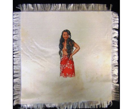 TWELVE FRINGED SILK SQUARES  each with a hand-painted Tahitian portrait, each approximately 15cm x 15cm.