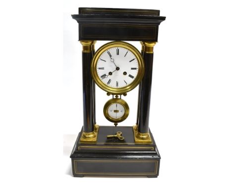 A LATE 19TH CENTURY BRASS INLAID EBONISED PORTICO CLOCK  the enamel dial with Roman numerals, the 8-day Vincenti et Cie movem