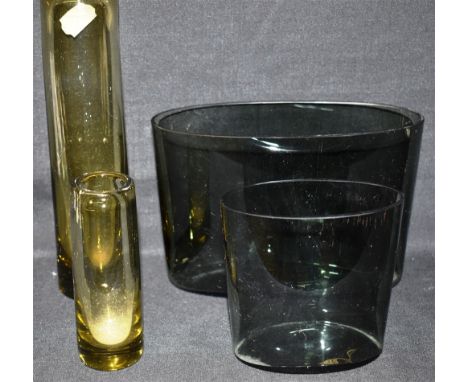 PER LUTKEN FOR HOLMEGAARD: two Labrador glass chimney vases in moss green, 23cm and 12.5cm high, etched 'Holmegaard 1959' to 