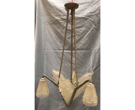A LARGE METAL FRAMED ART DECO STYLE CEILING LIGHT FITTING  with three pendant lights with frosted glass shades, three further