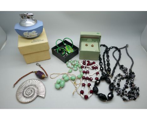 A collection of semi precious stone jewellery, silver earrings, Ronson Wedgwood lighter, etc. *This lot is not available for 