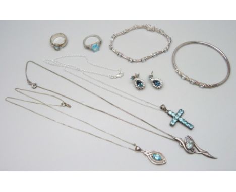 A collection of silver stone set jewellery including a pair of TGGC earrings, bangle, bracelet, etc., one pendant on a plated