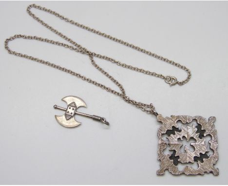 A silver Brutalist style pendant on chain, together with a silver axe pendant, 19g total