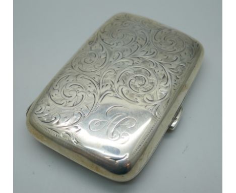A silver cigarette case with monogram, 54g, 7.4 x 4.8cm
