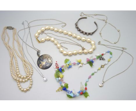 A silver stone set bangle, 19g, other silver jewellery a Monet faux pearl necklace and a bead bird design necklace