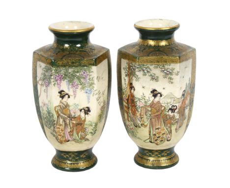 A pair of Japanese green ground Satsuma panel vases, with figural decoration and signed to the base, height 19cmBoth crazed a