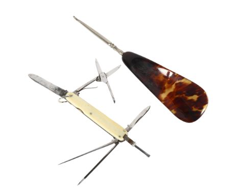Hill G Hay, a Vintage multi-tool penknife with integral measure, and a tortoiseshell-effect button hook